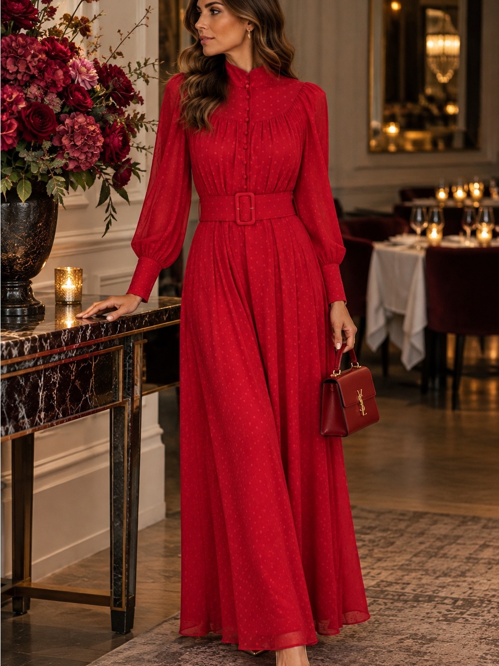 Red Long-Sleeve Belted Maxi Dress